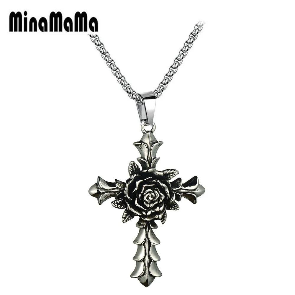 Rose Flower Vintage Stainless Steel Cross Pendant Necklaces for Women Men