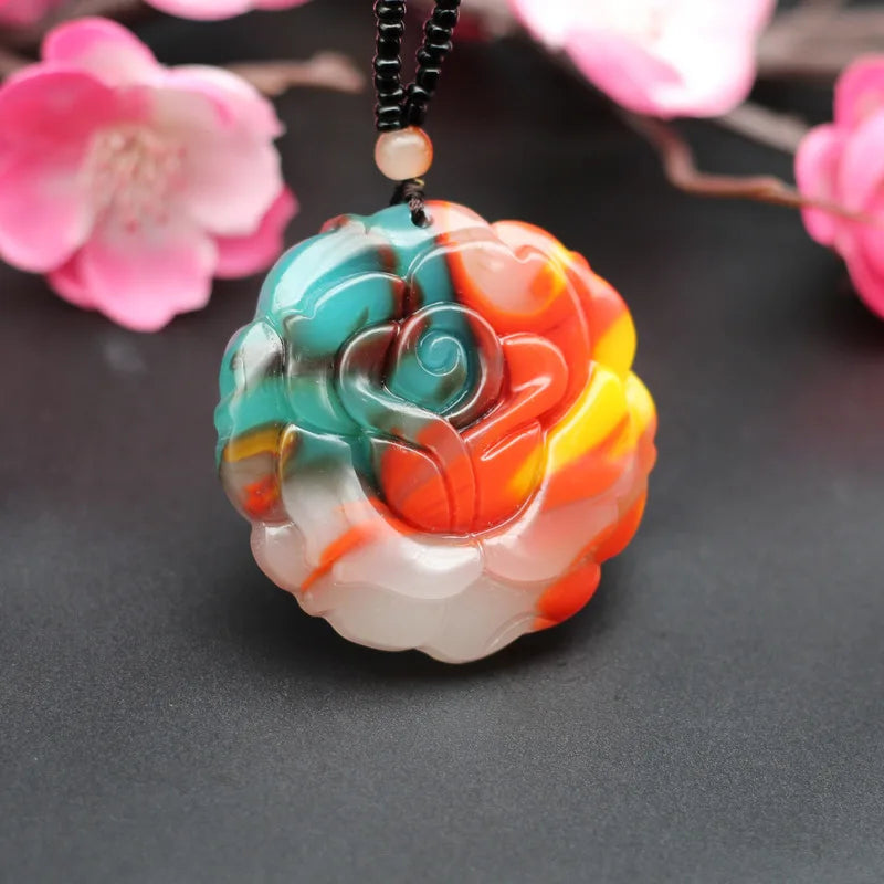 Rose Flower Natural Jade Pendant Necklace Hand-Carved Charm Jewelry