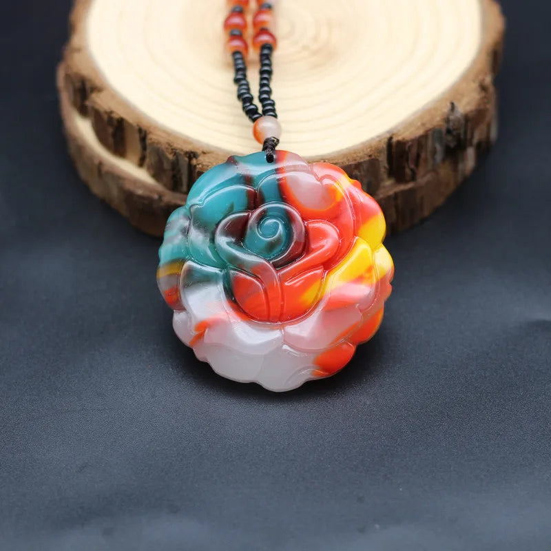 Rose Flower Natural Jade Pendant Necklace Hand-Carved Charm Jewelry