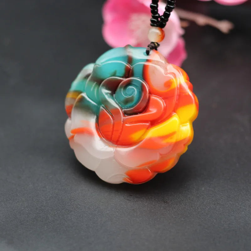Rose Flower Natural Jade Pendant Necklace Hand-Carved Charm Jewelry