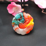 Rose Flower Natural Jade Pendant Necklace Hand-Carved Charm Jewelry