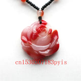 Red Jade Rose Flower Pendant Necklace Chinese Charm Amulet for Couple