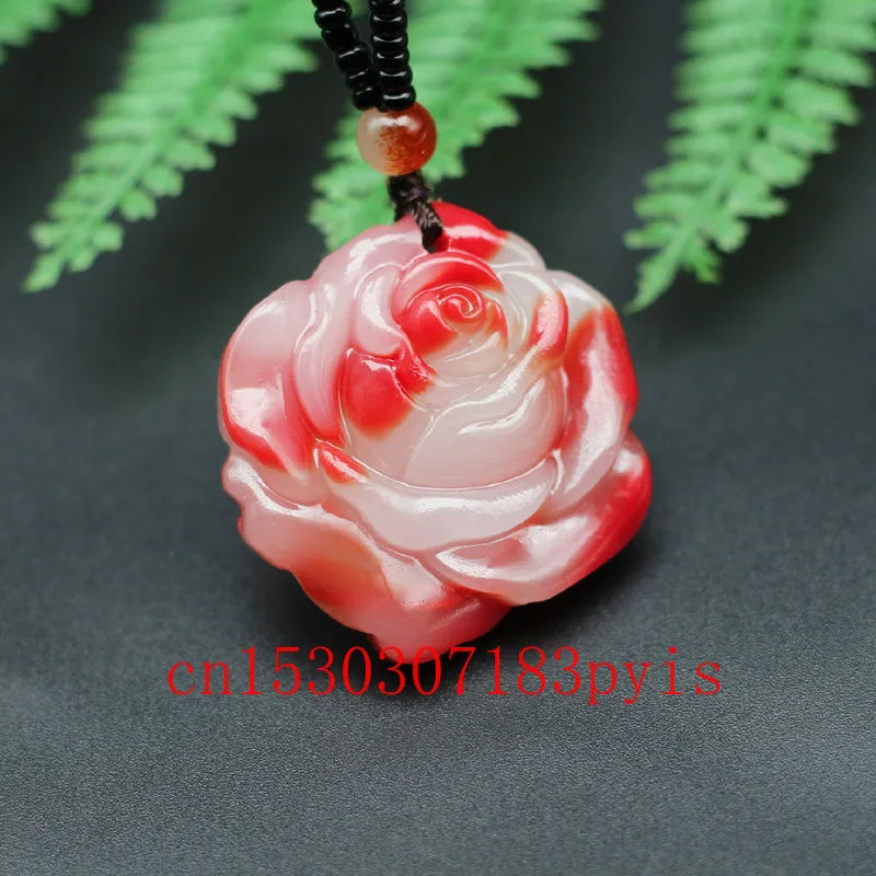Red Jade Rose Flower Pendant Necklace Chinese Charm Amulet for Couple