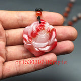 Red Jade Rose Flower Pendant Necklace Chinese Charm Amulet for Couple