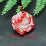 Red Jade Rose Flower Pendant Necklace Chinese Charm Amulet for Couple