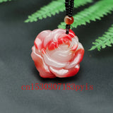 Red Jade Rose Flower Pendant Necklace Chinese Charm Amulet for Couple