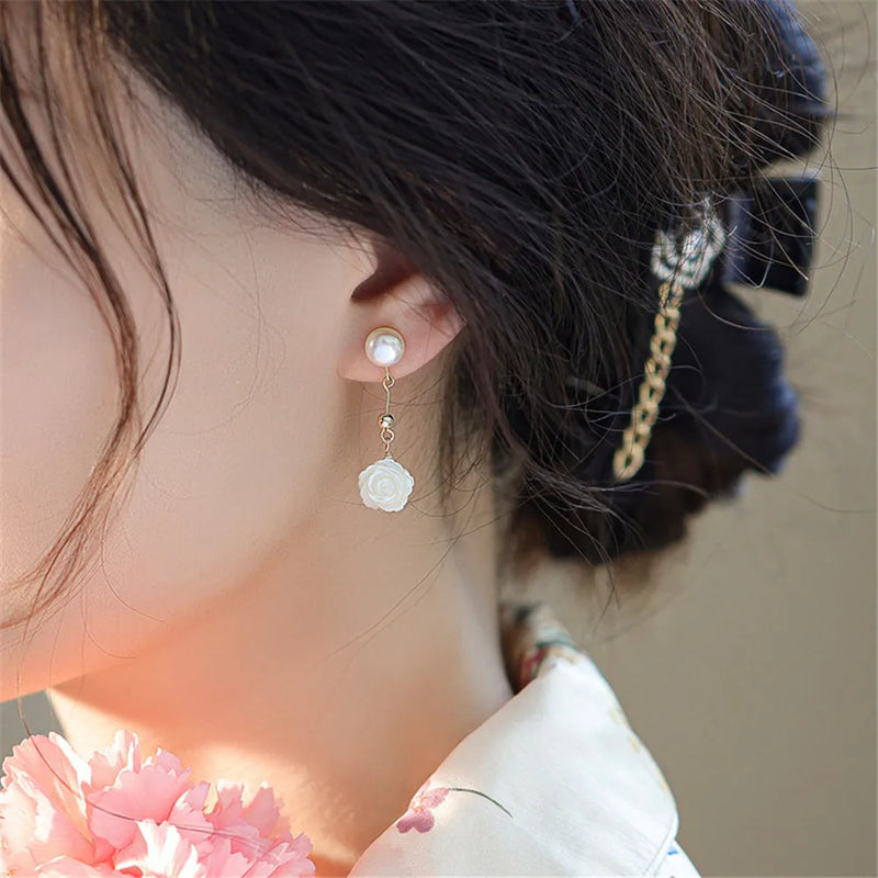 Rose Flower Pendant Pearl Ear Studs Romantic Women Earrings