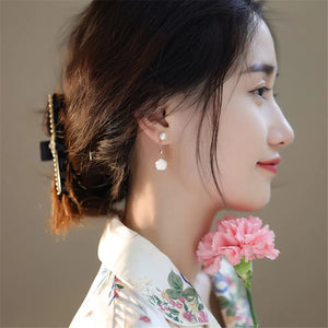 Rose Flower Pendant Pearl Ear Studs Romantic Women Earrings