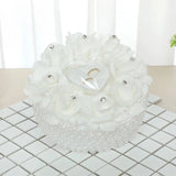Rose Flower Ring Pillow Wedding Bride Groom Ring Setting with Pearl Silk Decor