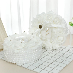 Rose Flower Ring Pillow Wedding Bride Groom Ring Setting with Pearl Silk Decor
