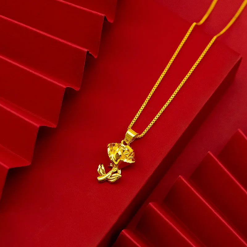 24k Yellow Plated Rose Flower Pendant Necklace for Women