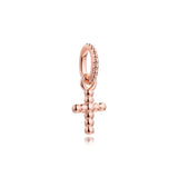 Rose Beaded Cross Dangle Charm 925 Sterling Silver Beads