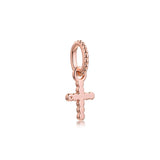 Rose Beaded Cross Dangle Charm 925 Sterling Silver Beads