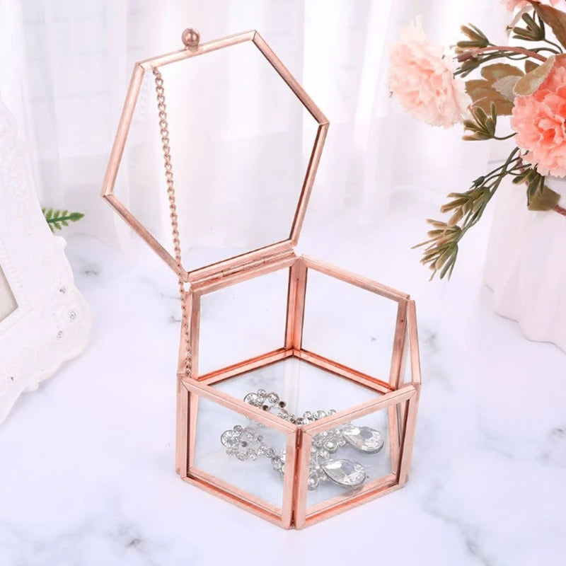 Vintage Glass Jewelry Box - Hexagon Geometric Display Organizer