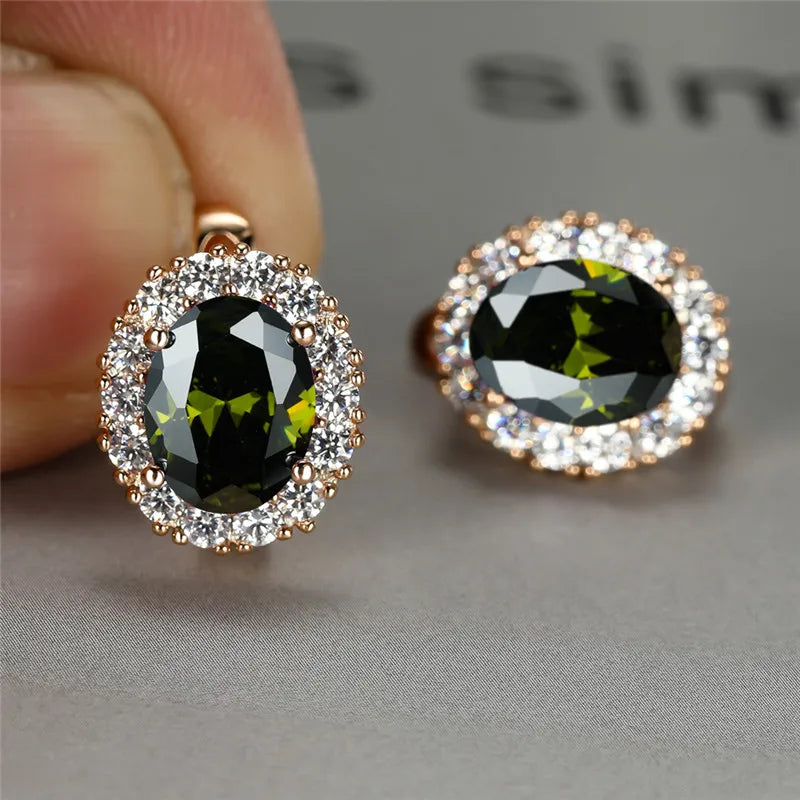 Rose August Birthstone Earrings Olive Green Zircon Oval Stone Earrings For Women