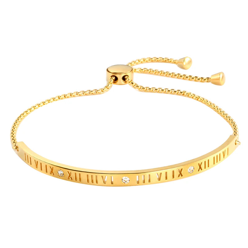 Rose Charming Bangle Bracelet Roman Letter CZ Chain Wristband Gift