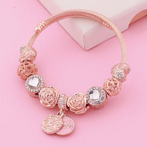 Rose Flower Pendant Stainless Steel Bracelet Heart Cuff Bangle Gift