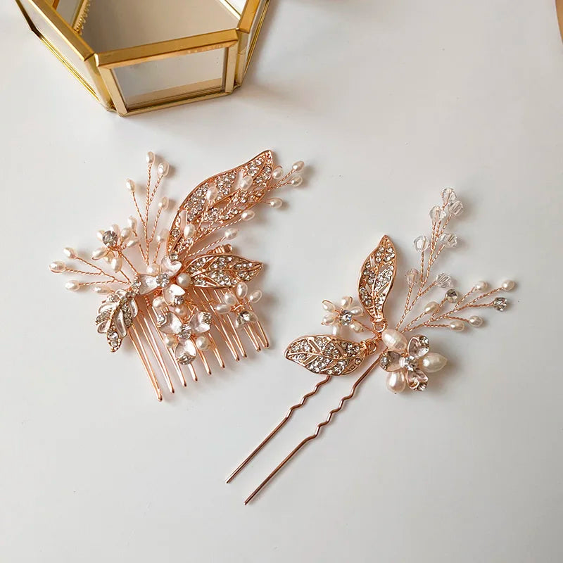 Rose Hair Comb & Pin Set Freshwater Pearl Headpiece Bridal Jewelry