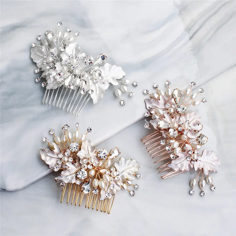 Rose Leaf Bridal Comb Pearls Hair Jewelry Rhinestone Headpiece
