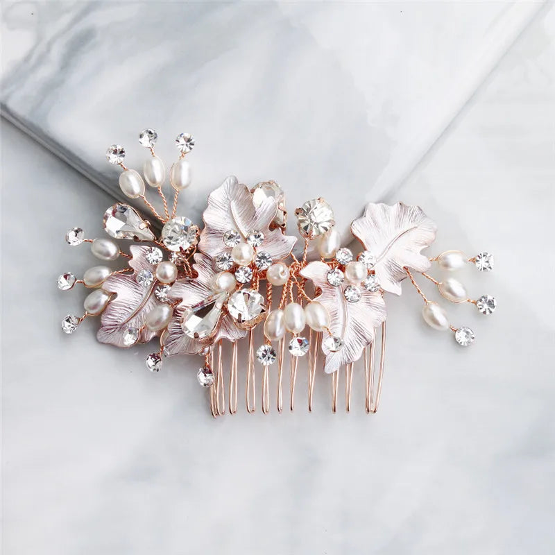 Rose Leaf Bridal Comb Pearls Hair Jewelry Rhinestone Headpiece