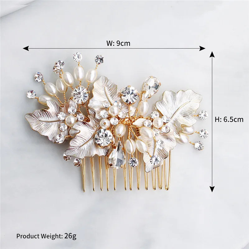 Rose Leaf Bridal Comb Pearls Hair Jewelry Rhinestone Headpiece