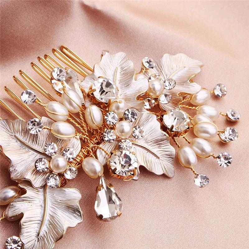 Rose Leaf Bridal Comb Pearls Hair Jewelry Rhinestone Headpiece