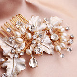 Rose Leaf Bridal Comb Pearls Hair Jewelry Rhinestone Headpiece