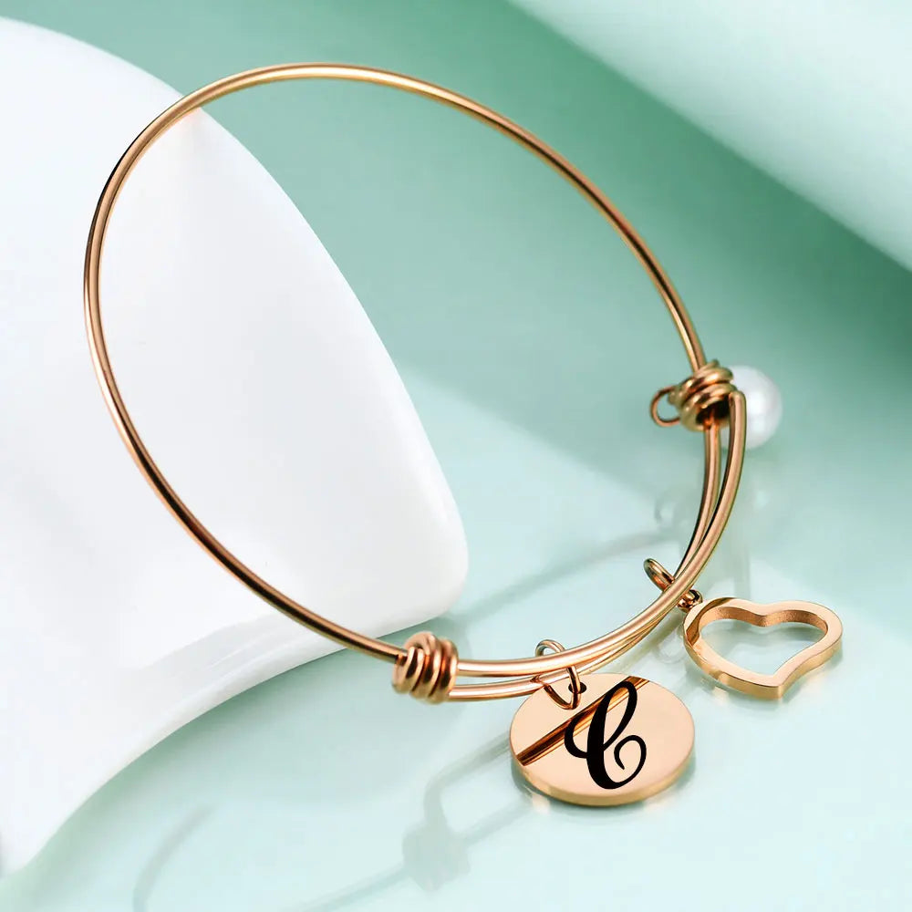 Rose Steel Initial Alphabet Bracelets For Women Charms Tag Letter Bracelets