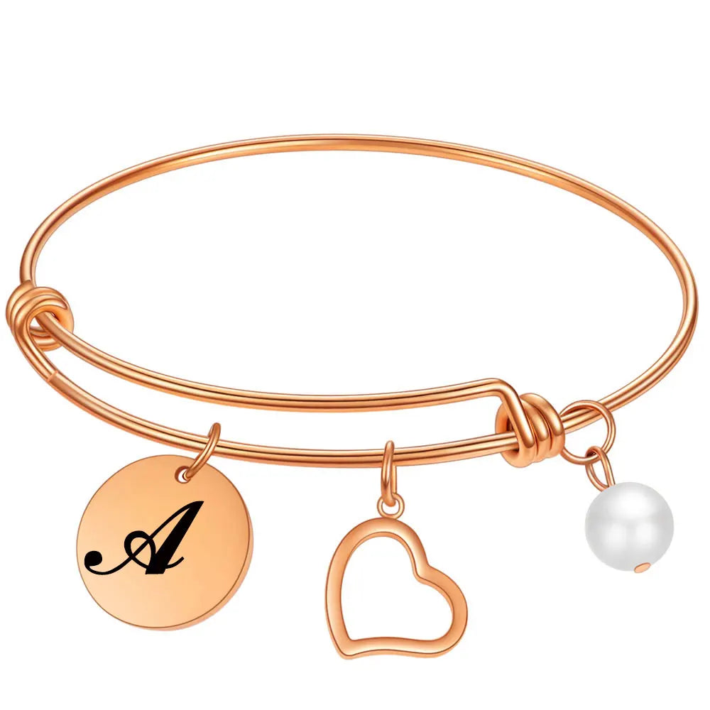 Rose Steel Initial Alphabet Bracelets For Women Charms Tag Letter Bracelets