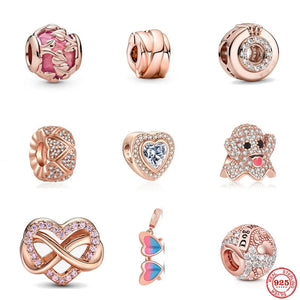 Rose Family Infinity Pink Heart Charm Beads Necklace 925 Silver Pendant
