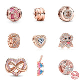 Rose Family Infinity Pink Heart Charm Beads Necklace 925 Silver Pendant