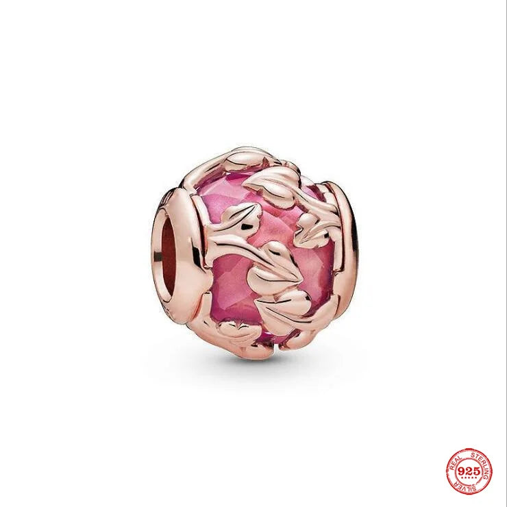 Rose Family Infinity Pink Heart Charm Beads Necklace 925 Silver Pendant