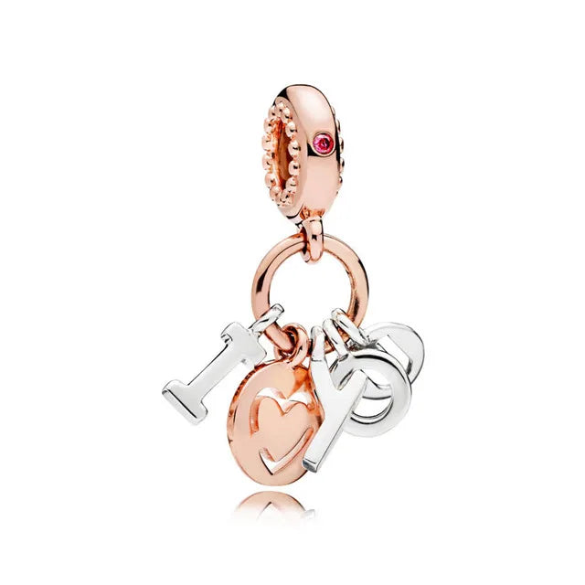 Rose Flower Love Heart Charm 925 Silver Bracelet DIY Jewelry