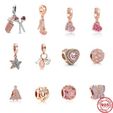 Rose Flower Love Heart Charm 925 Silver Bracelet DIY Jewelry