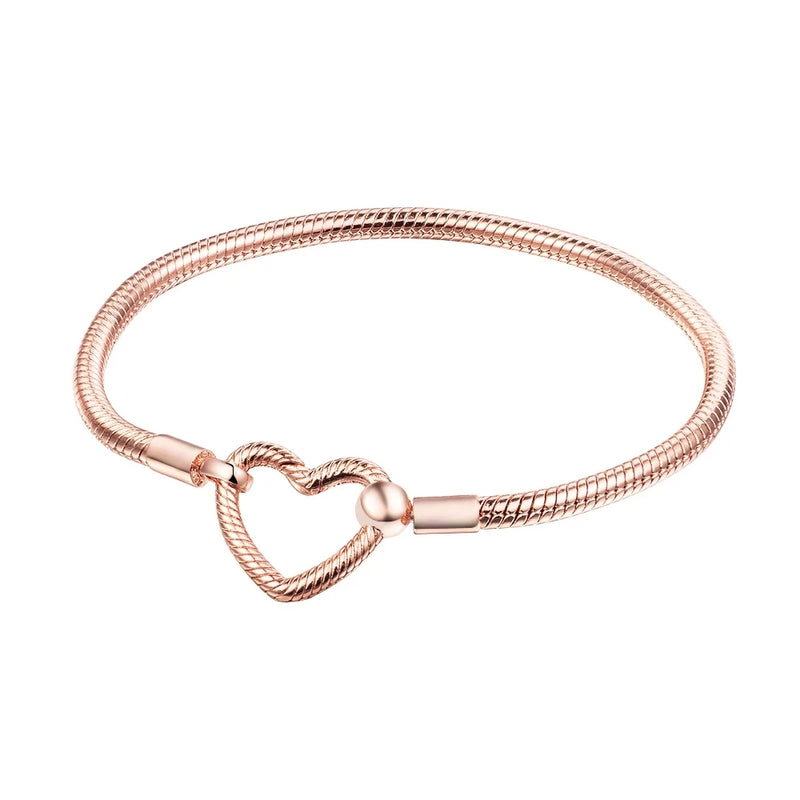 Rose Heart Closure Snake Chain Bracelet Sterling Silver