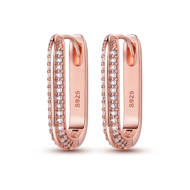 Sparkling Pave CZ U Heart Rose Hoop Earrings 925 Silver Women Earring