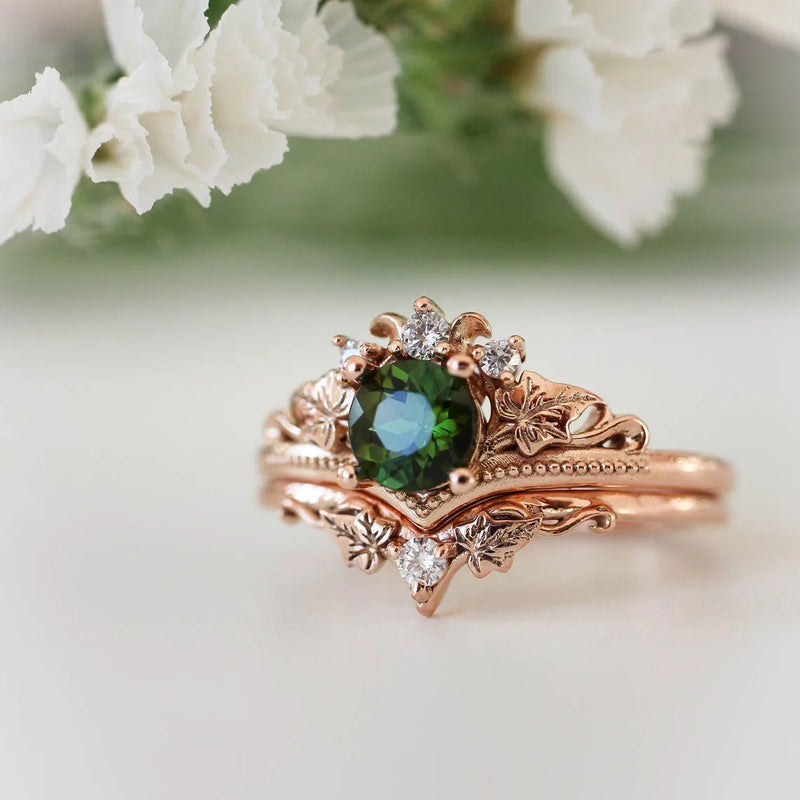Rose Plated Bridal Ring Set Round Cut Gems Crystal Wedding Ring Set