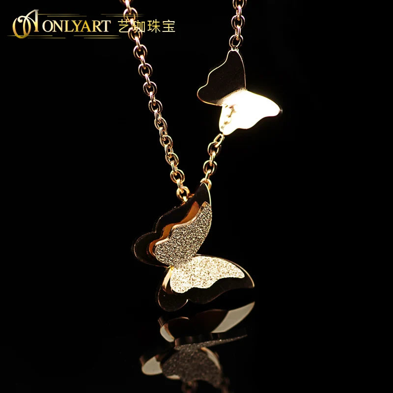 Rose Plated Butterfly Pendant Necklace Stainless Steel Anti-Allergical