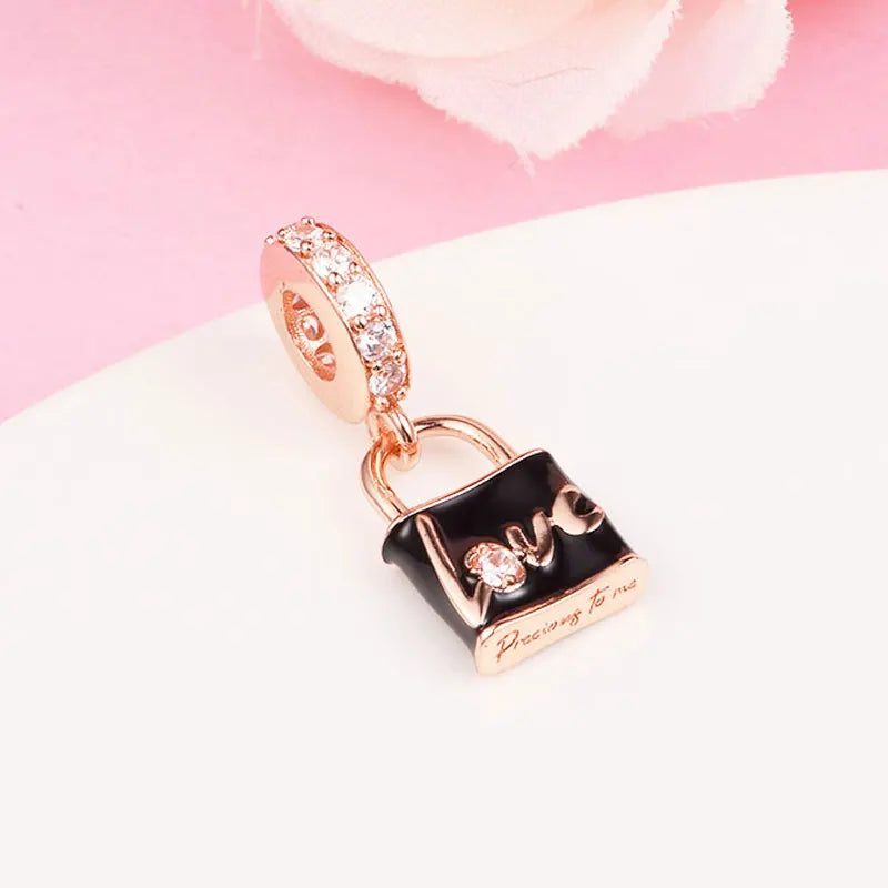 Rose Plated Love Padlock Charm Bead for DIY Bracelets