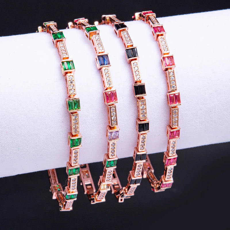 Rose Plated Square Pink Green CZ Women Bracelet Wedding Graduation Gift
