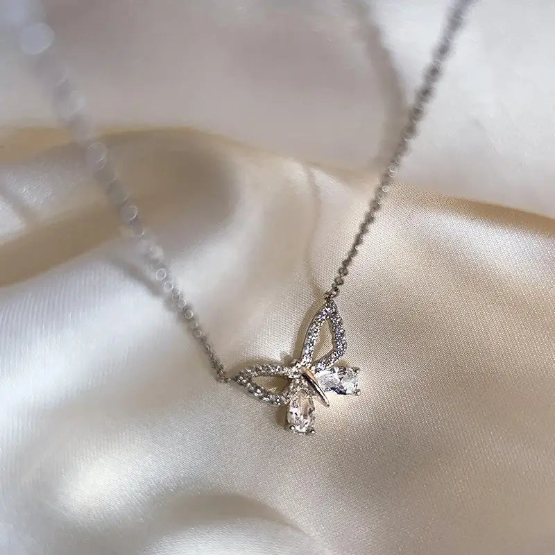 Rose Plating Zircon Butterfly Necklace 925 Sterling Silver Chain Jewelry