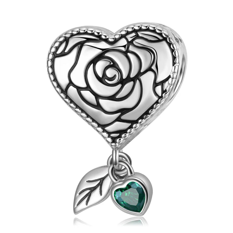 Rose Heart Flower Leaf Bead 925 Sterling Silver Charm