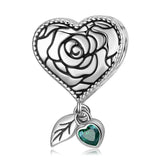 Rose Heart Flower Leaf Bead 925 Sterling Silver Charm