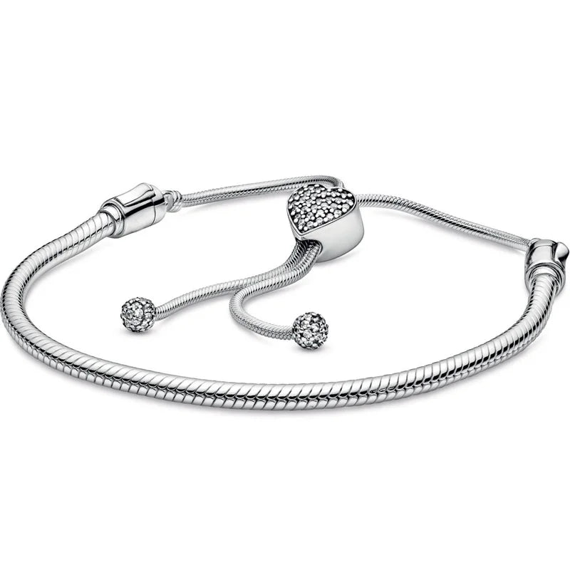 925 Silver Rose Moments Heart Clasp Snake Chain Slider Bracelet