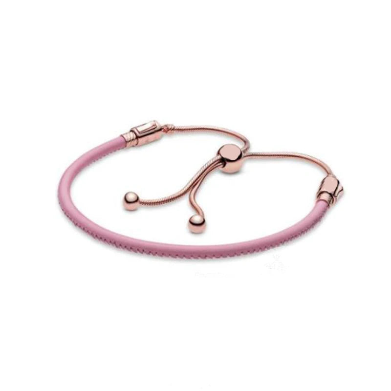 Rose Moments Pink Leather Slider Bracelet 925 Sterling Silver