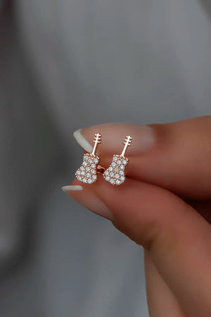Rose Plated Guitar Earring 925 Sterling Silver Musical Instrument Jewelry