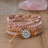 Rose Quartz Double Loop Braided Charm 5 Strands Wrap Bracelet