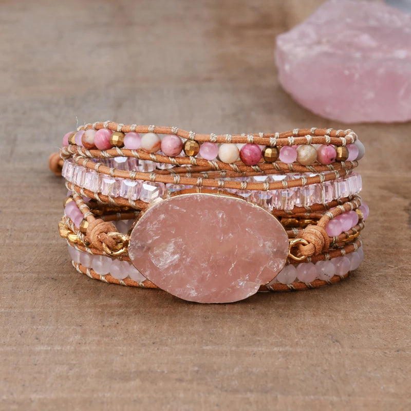 Rose Quartz Double Loop Braided Charm 5 Strands Wrap Bracelet