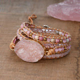 Rose Quartz Double Loop Braided Charm 5 Strands Wrap Bracelet