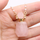 Rose Quartz Perfume Bottle Necklace Pendant Charm Pearl Chain for DIY